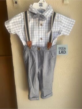 Little Lad plaid suspenders matching outfit bow tie wedding infant 6-9 months
